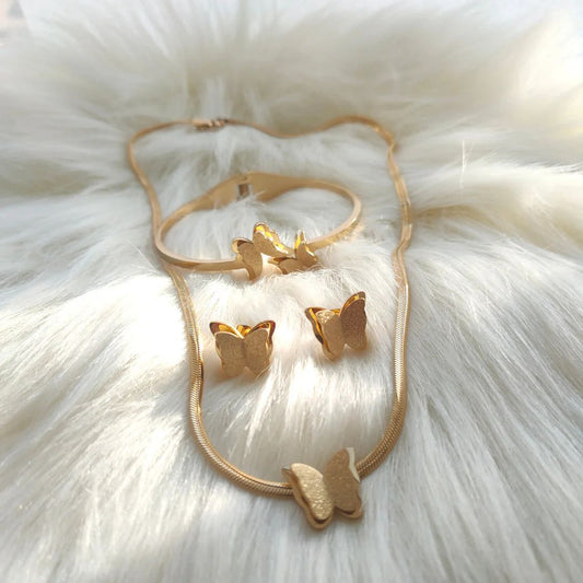 Frosted Butterfly Jewelry Set - Necklace, Earrings, and Bangle - Habibay Mart