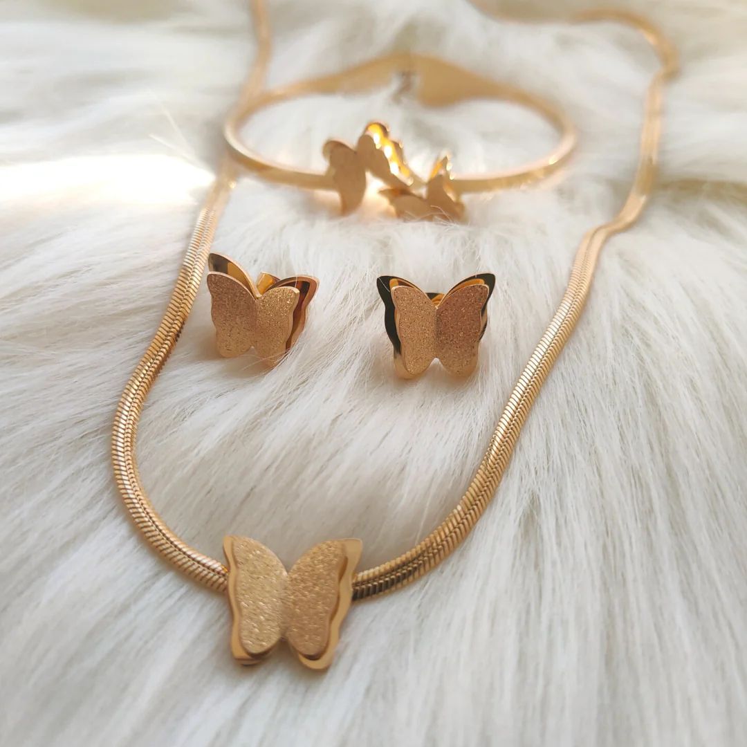 Frosted Butterfly Jewelry Set - Necklace, Earrings, and Bangle - Habibay Mart