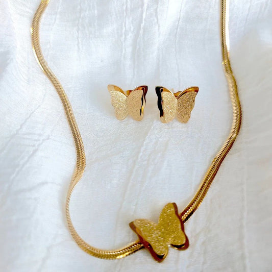 Frosted Butterfly Jewelry Set - Necklace, Earrings, and Bangle - Habibay Mart
